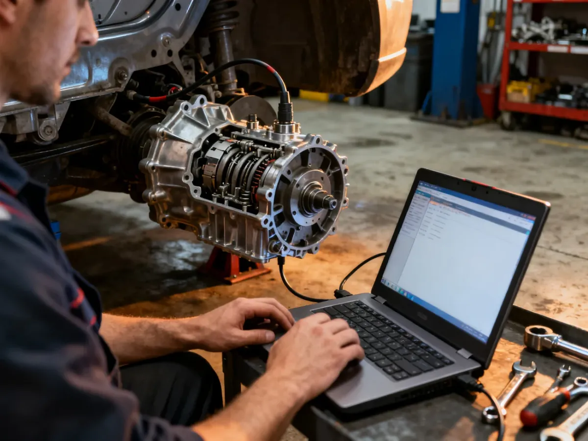 Mechanik diagnozujący skrzynię dwusprzęgłową za pomocą komputera diagnostycznego
