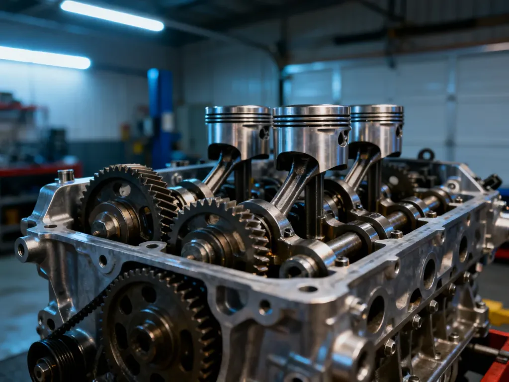 Zdemontowany blok silnika 1.8 TFSI z widocznymi tłokami i elementami mechanicznymi w profesjonalnym warsztacie.