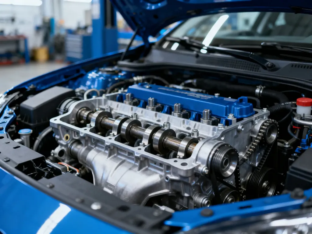 Zbliżenie na blok silnika Mercedes 1.6 w profesjonalnym warsztacie, ukazujące detale techniczne i metalowe podzespoły.