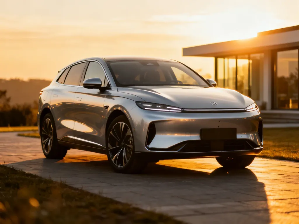 Srebrny Lexus NX 300h zaparkowany na podjeździe w świetle zachodzącego słońca.