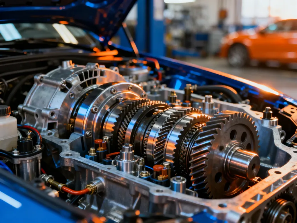 Wnętrze dwusprzęgłowej skrzyni biegów S-Tronic z widocznymi precyzyjnymi mechanizmami i przekładniami.