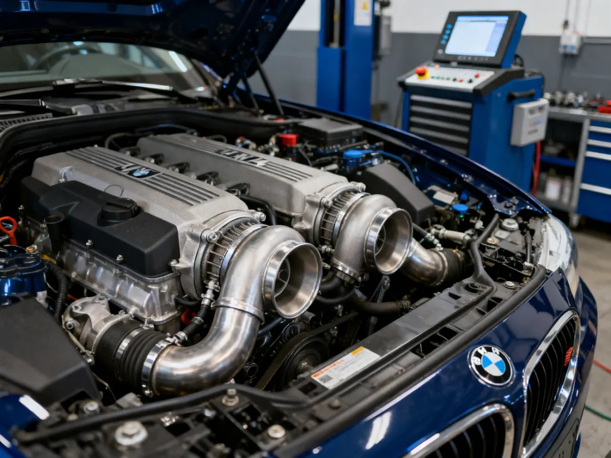 Silnik BMW N63 V8 BiTurbo podczas diagnostyki w warsztacie