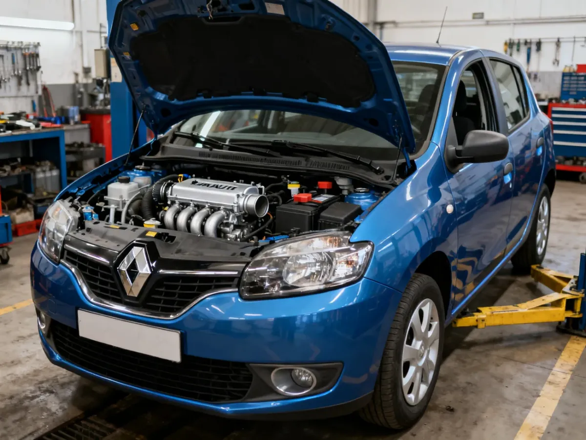 Zadbany samochód Renault lub Dacia z otwartą maską podczas kontroli silnika w warsztacie