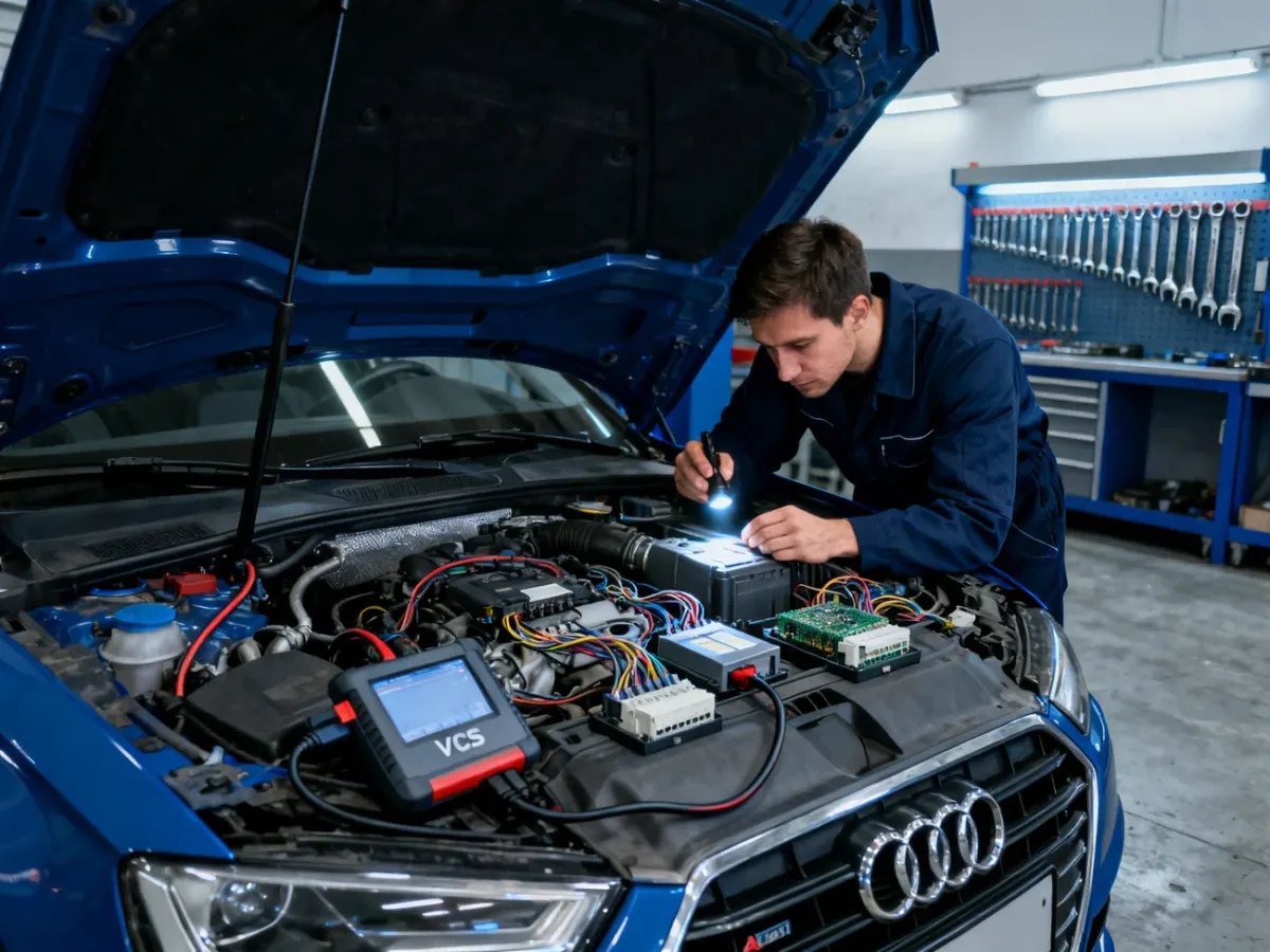 Diagnostyka Audi za pomocą testera VCDS w warsztacie