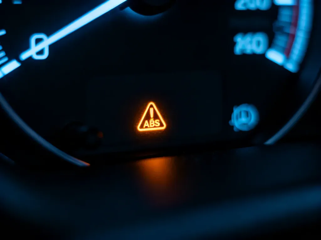 Świecąca na pomarańczowo kontrolka ABS na desce rozdzielczej samochodu BMW E90 w nocy.