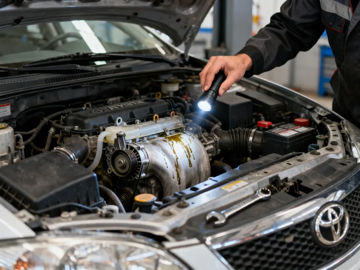Mechanik sprawdzający pompę wody i ślady wycieku płynu chłodniczego w silniku Toyoty Avensis