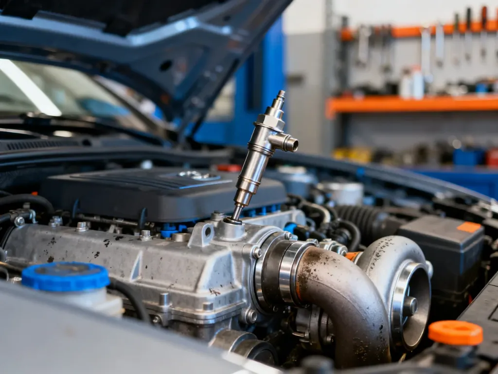 Zbliżenie na wtryskiwacz paliwa i turbosprężarkę w nowoczesnym silniku Diesla, ukazujące detale mechaniczne.