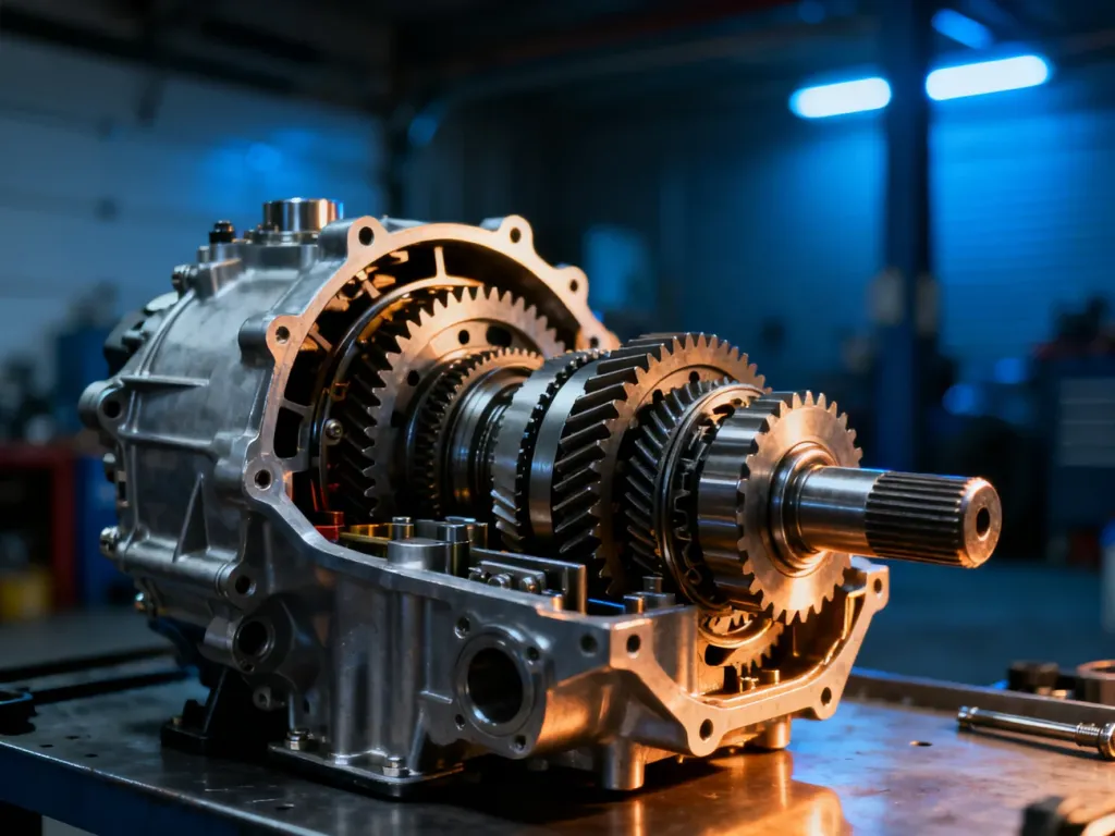 Wnętrze dwusprzęgłowej skrzyni biegów DQ250 z widocznymi precyzyjnymi mechanizmami zębatymi w profesjonalnym warsztacie.