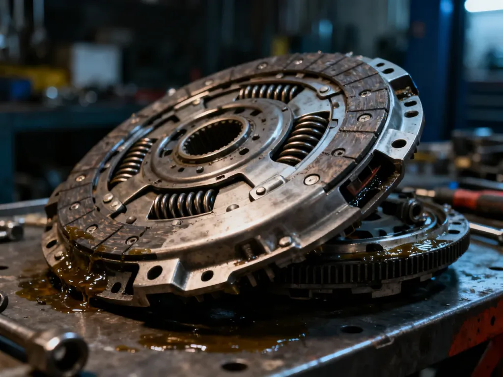 Zdemontowane koło dwumasowe na warsztatowym stole, ukazujące skomplikowaną budowę wewnętrznych sprężyn i mechanizmów.