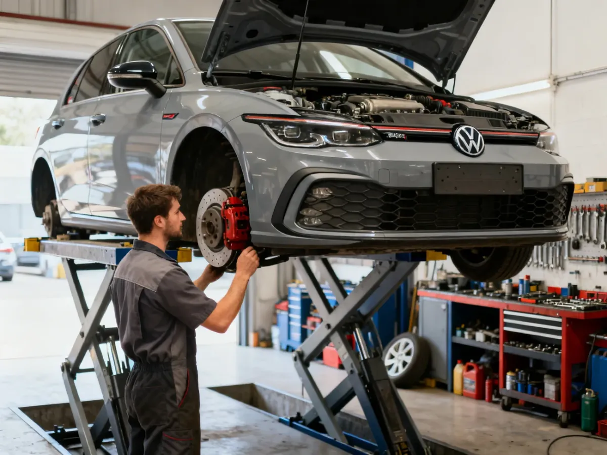Mechanik sprawdzający Volkswagena Golfa na podnośniku w warsztacie