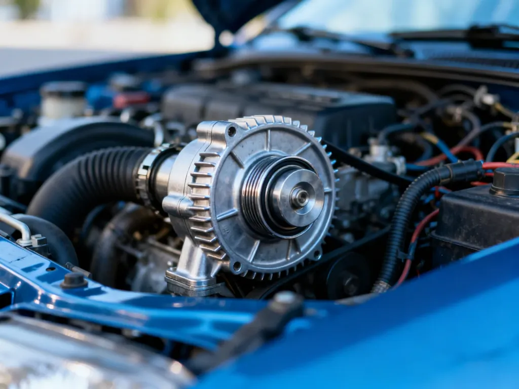 Zbliżenie na metalową pompę wody w komorze silnika samochodu z widocznymi przewodami i elementami mechanicznymi.