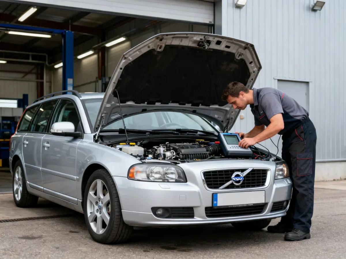 Srebrne Volvo V50 z otwartą maską podczas diagnostyki silnika w warsztacie