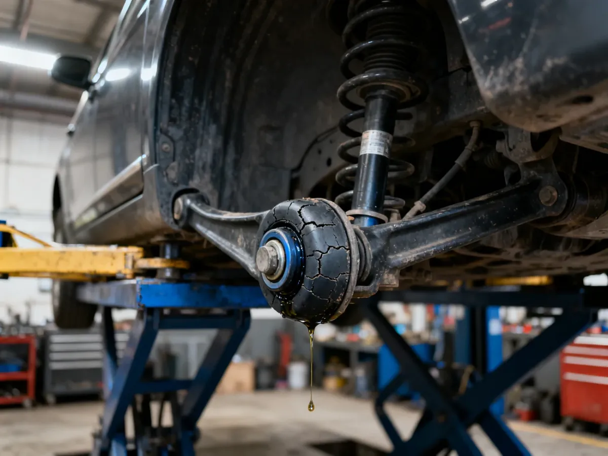 Zużyta hydrauliczna tuleja tylnego wahacza z widocznym wyciekiem płynu