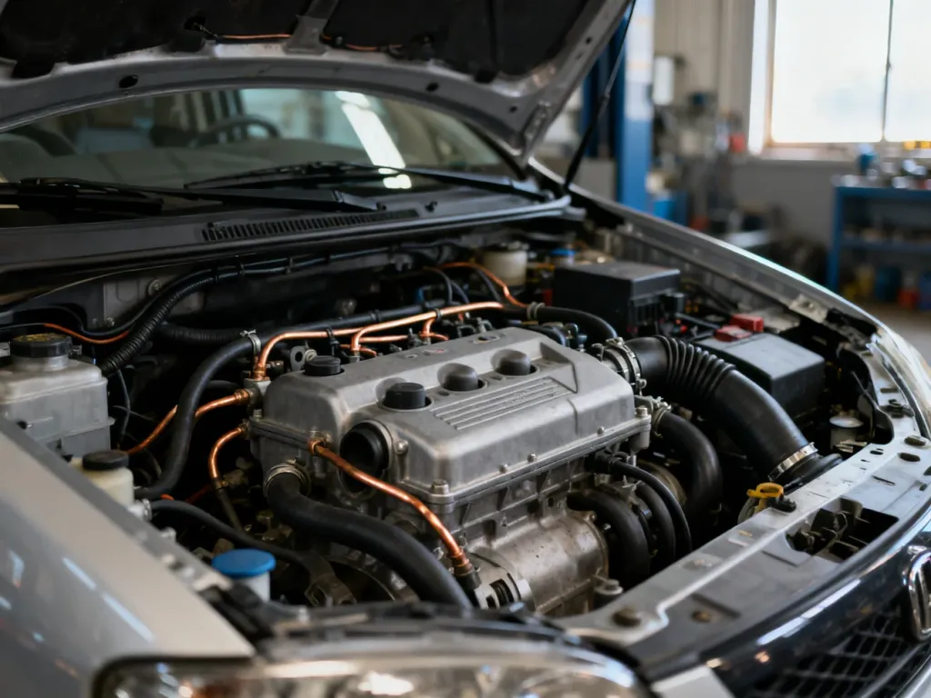 Widok na komorę silnika Fiata Qubo z widocznymi przewodami i elementami mechanicznymi w profesjonalnym warsztacie.