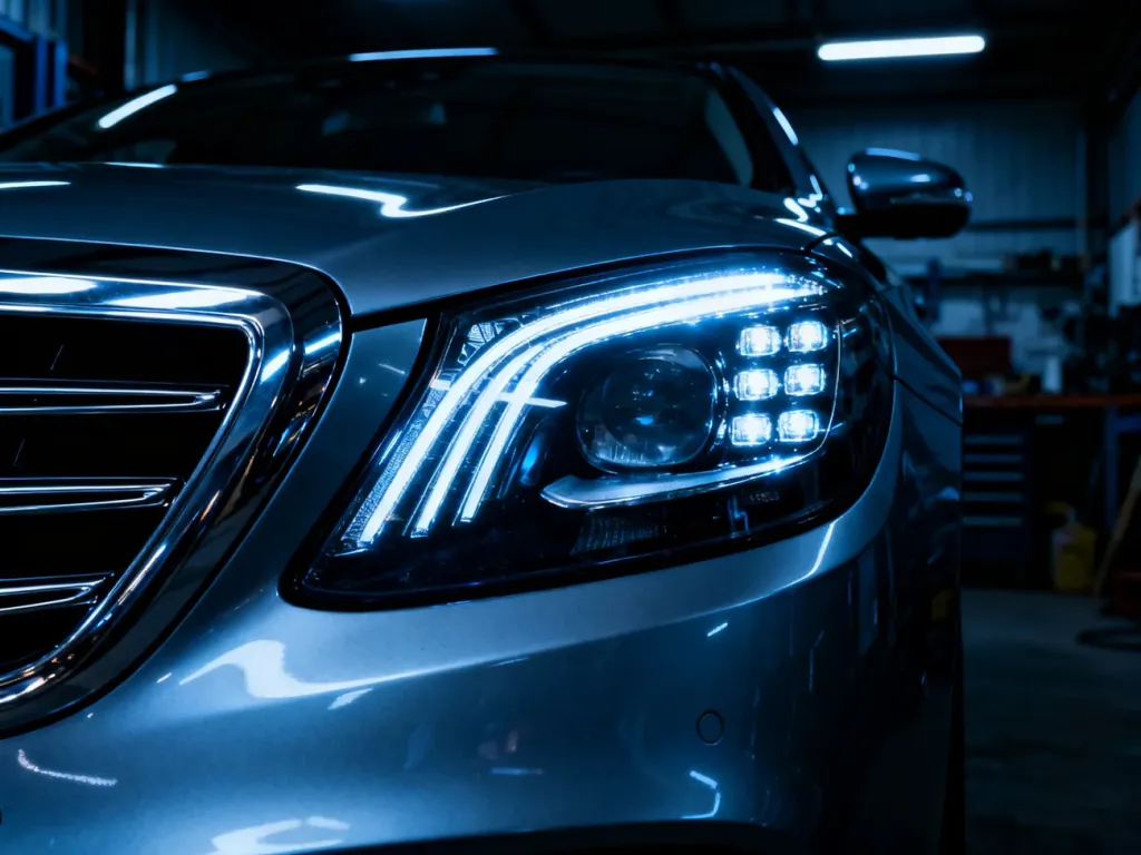 Zbliżenie na nowoczesny reflektor LED modelu Mercedes W222 w warsztatowym oświetleniu.