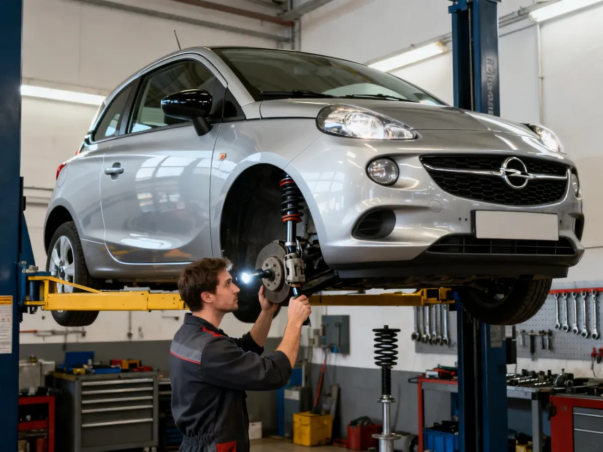 Mechanik sprawdza zawieszenie Opla Adama na podnośniku