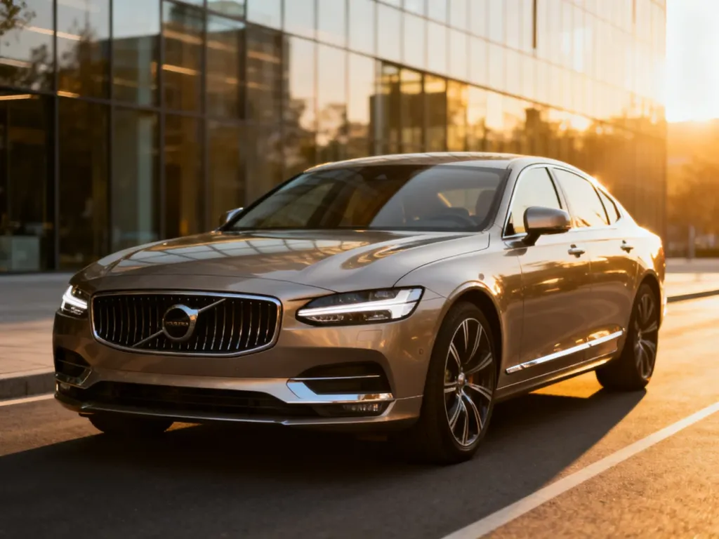 Srebrny sedan Infiniti Q50 zaparkowany na tle nowoczesnej architektury w świetle zachodzącego słońca.