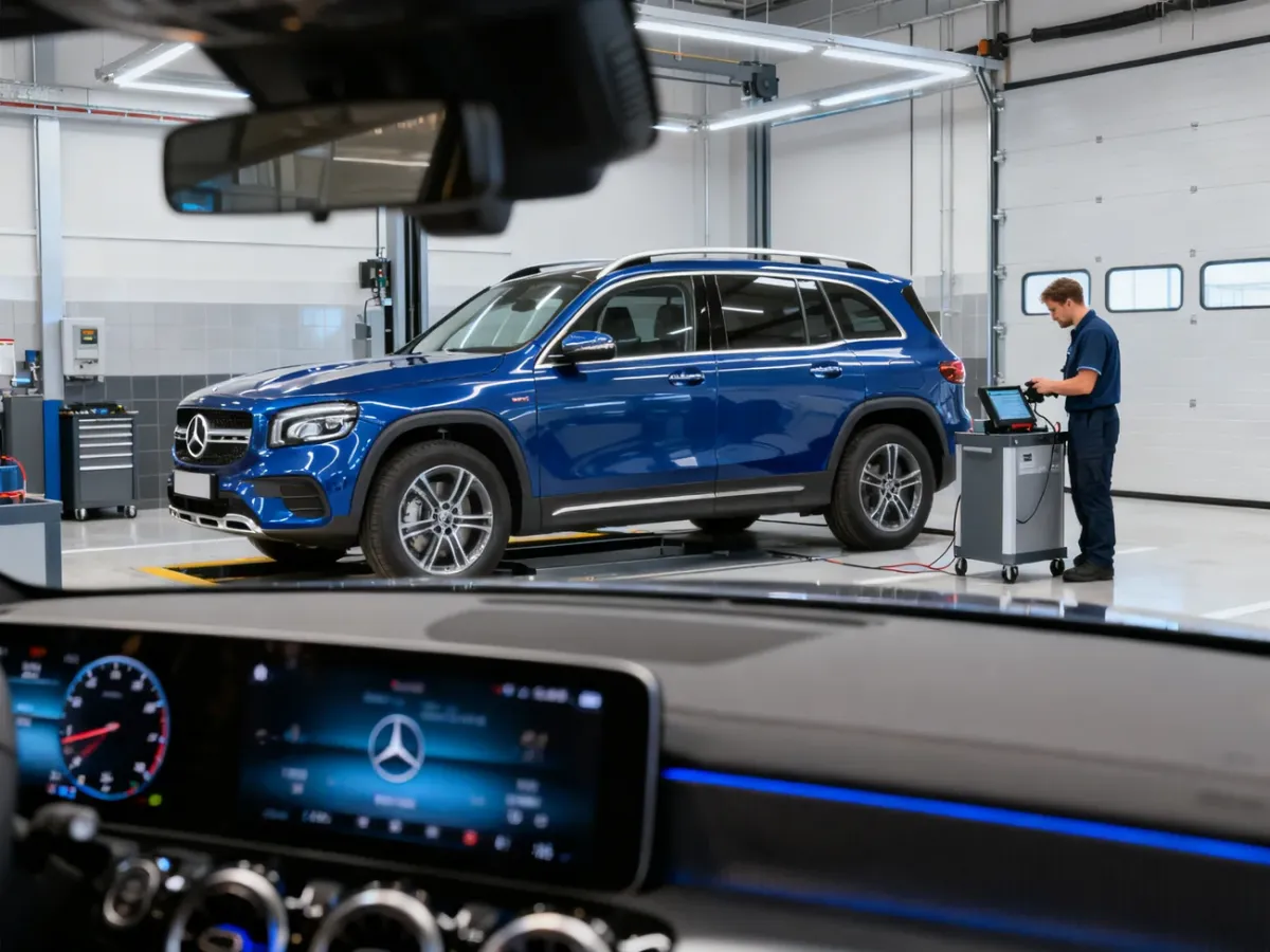 Mercedes GLB podczas diagnostyki systemu MBUX w serwisie