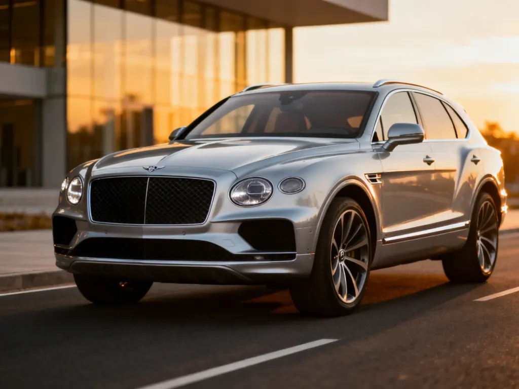 Srebrny Mercedes GLC zaparkowany na tle nowoczesnego budynku w świetle zachodzącego słońca.