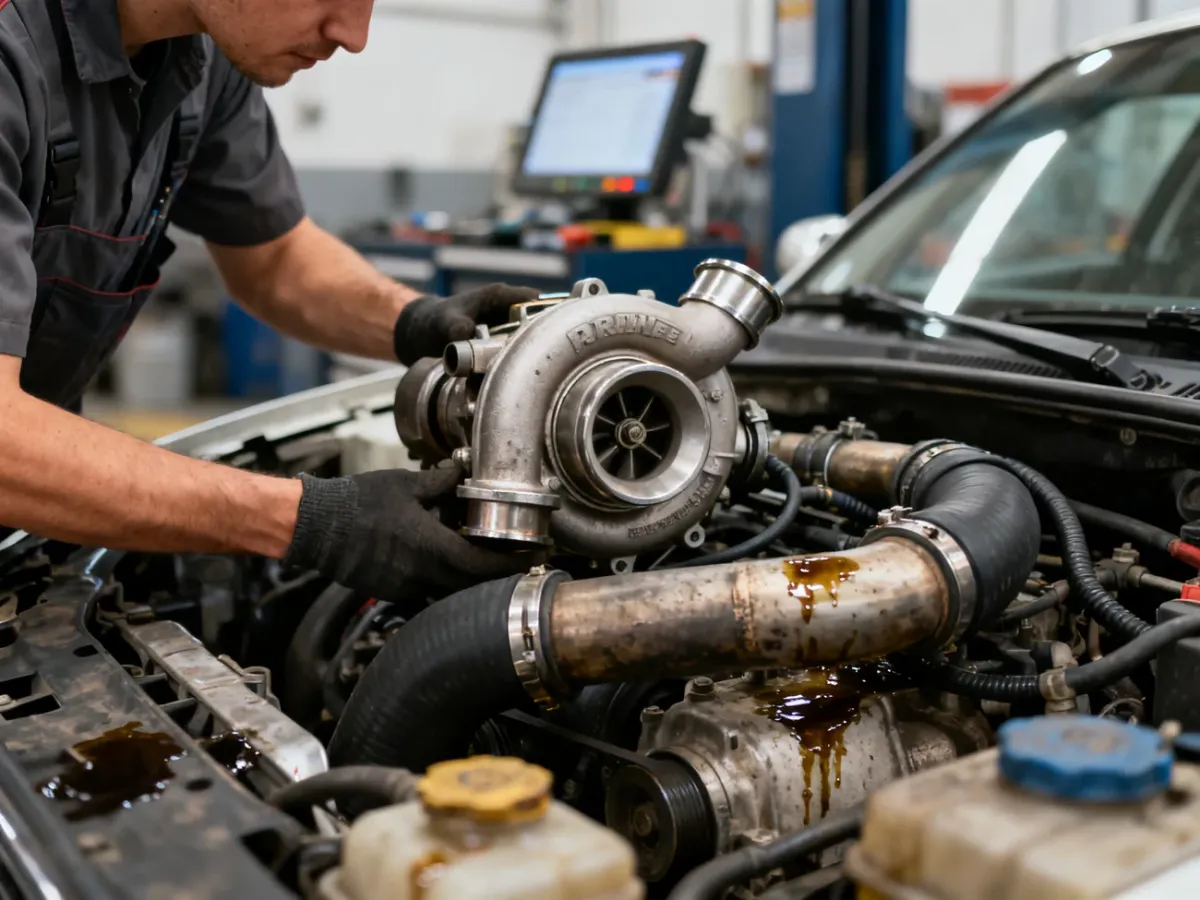 Mechanik sprawdzający turbosprężarkę i przewody dolotowe w samochodzie