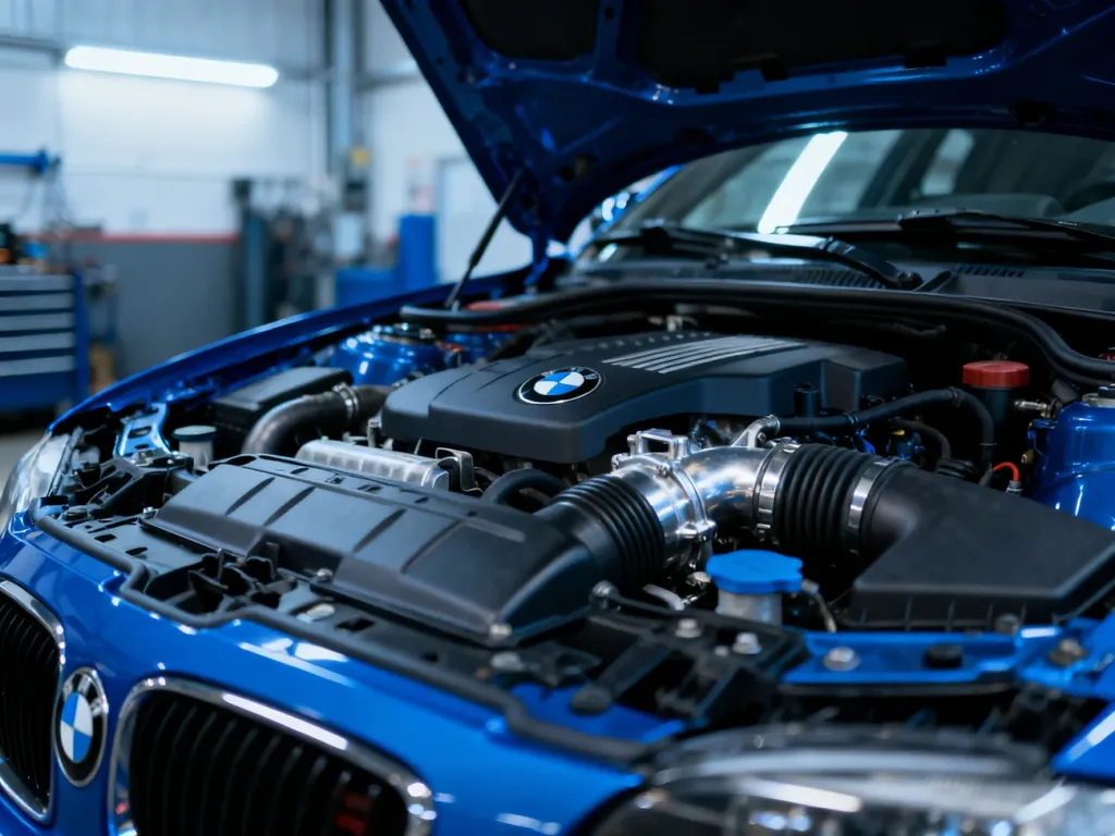 Komora silnika BMW E87 z widocznymi detalami mechanicznymi w profesjonalnym warsztacie.