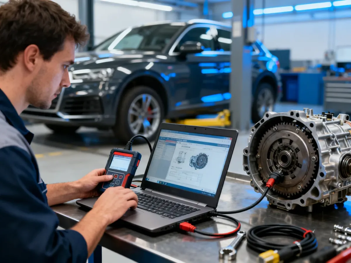 Mechanik diagnozujący skrzynię DSG za pomocą komputera serwisowego