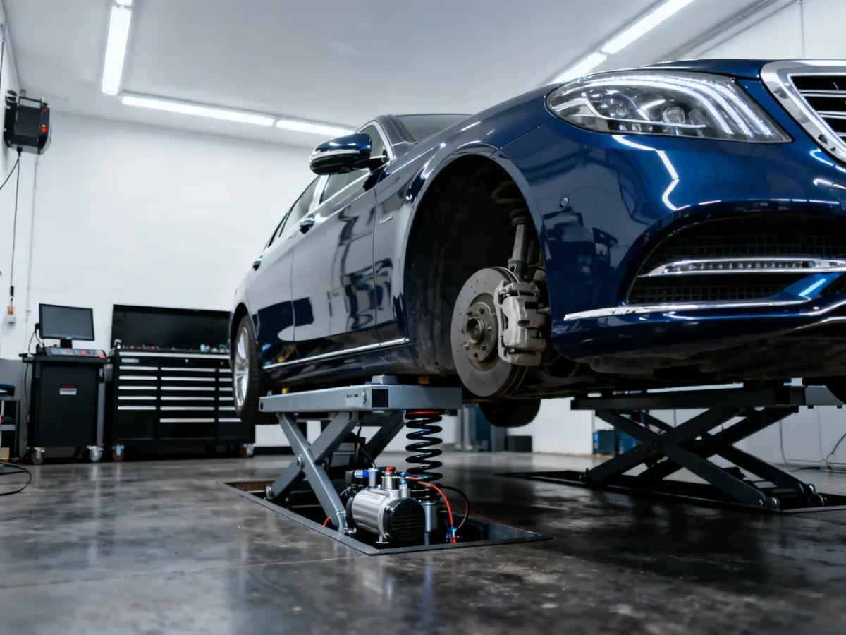 Mercedes W222 na podnośniku w specjalistycznym warsztacie, z widocznymi elementami zawieszenia pneumatycznego