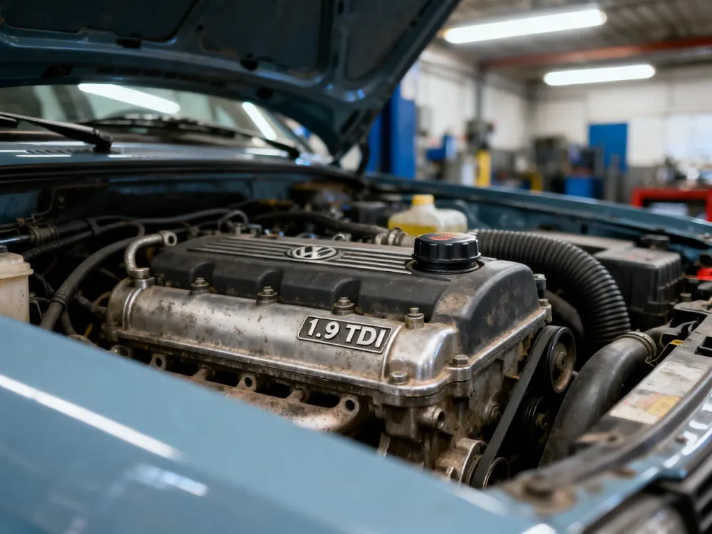 Widok na blok silnika 1.9 TDI z widocznymi przewodami i elementami mechanicznymi pod otwartą maską samochodu.