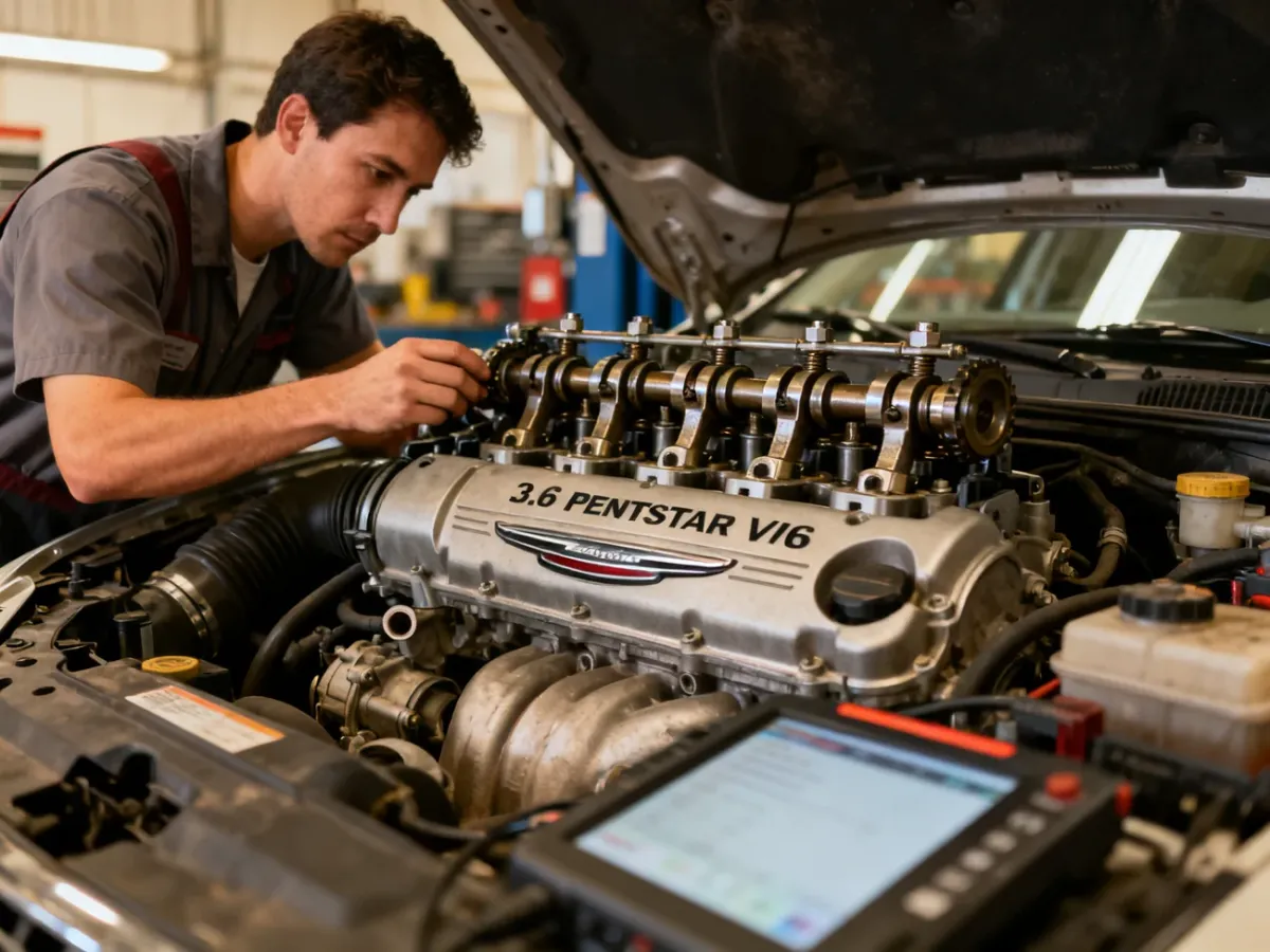 Mechanik diagnozujący układ zaworowy silnika Chryslera 3.6 Pentastar