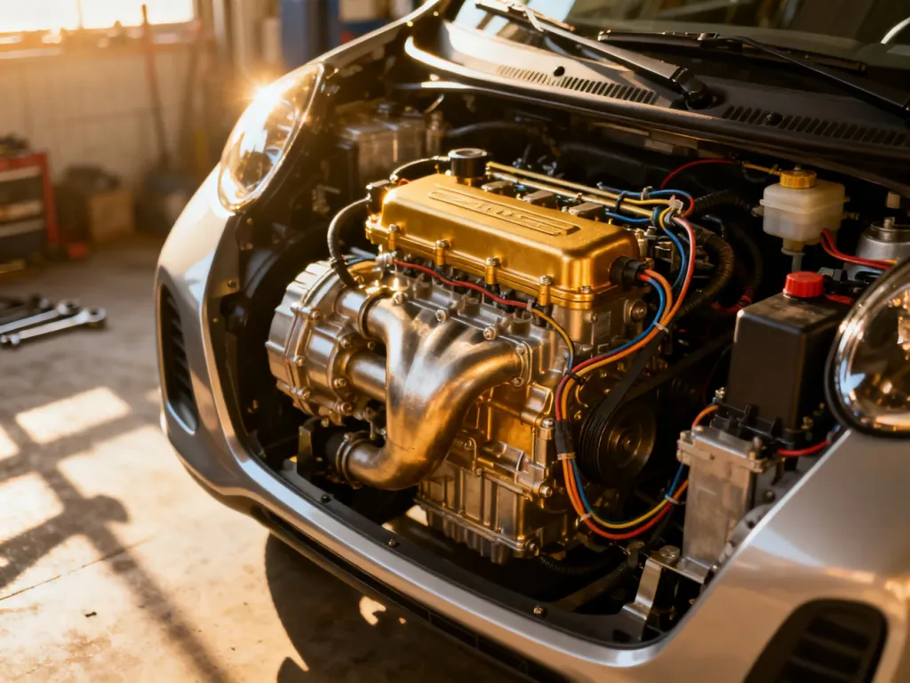Zbliżenie na komorę silnika Toyoty Aygo z widocznymi podzespołami mechanicznymi i instalacją elektryczną.