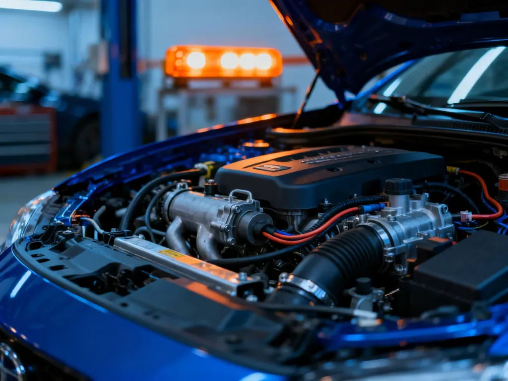 Otwarta komora silnika Renault Scenic 2 z widocznymi podzespołami mechanicznymi w profesjonalnym oświetleniu warsztatowym.