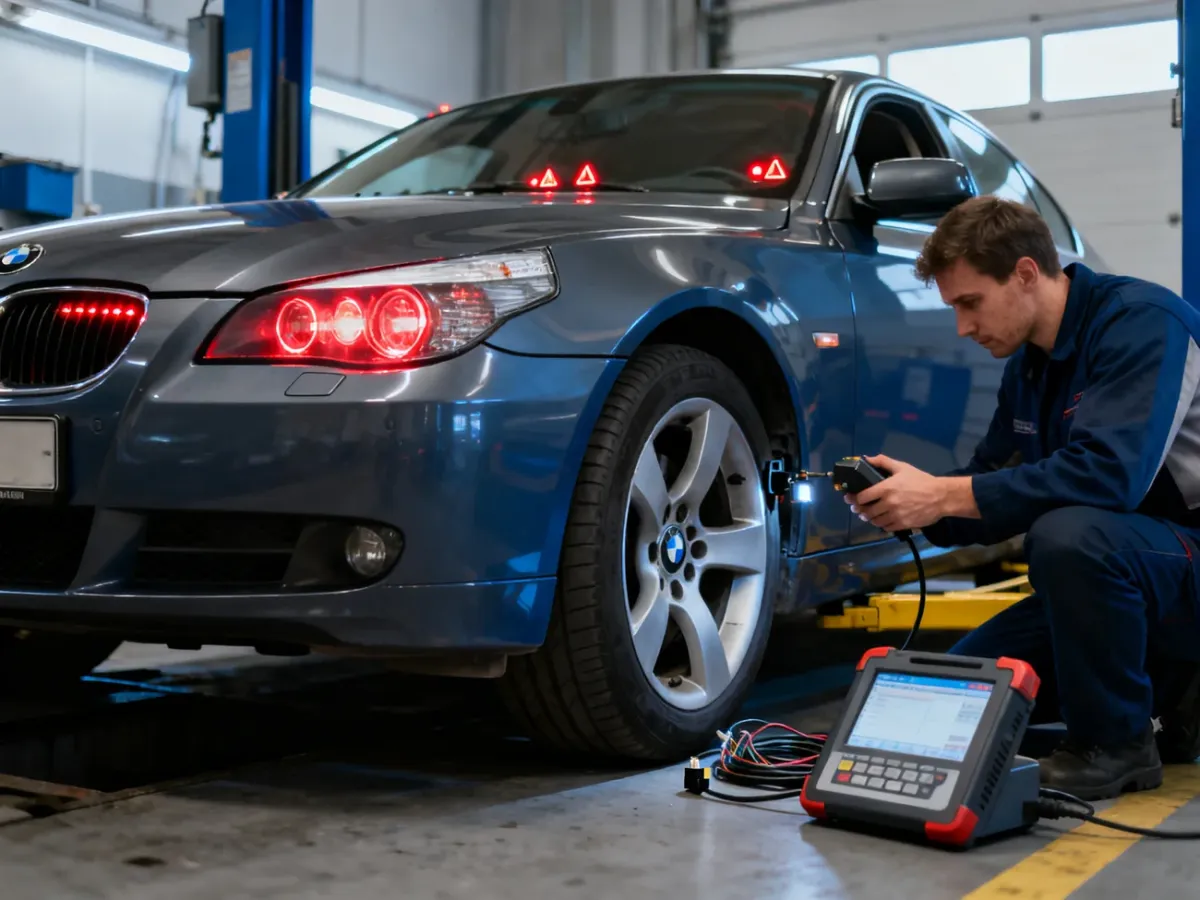 Diagnostyka BMW E60 z zapalonymi kontrolkami ABS i DSC w warsztacie
