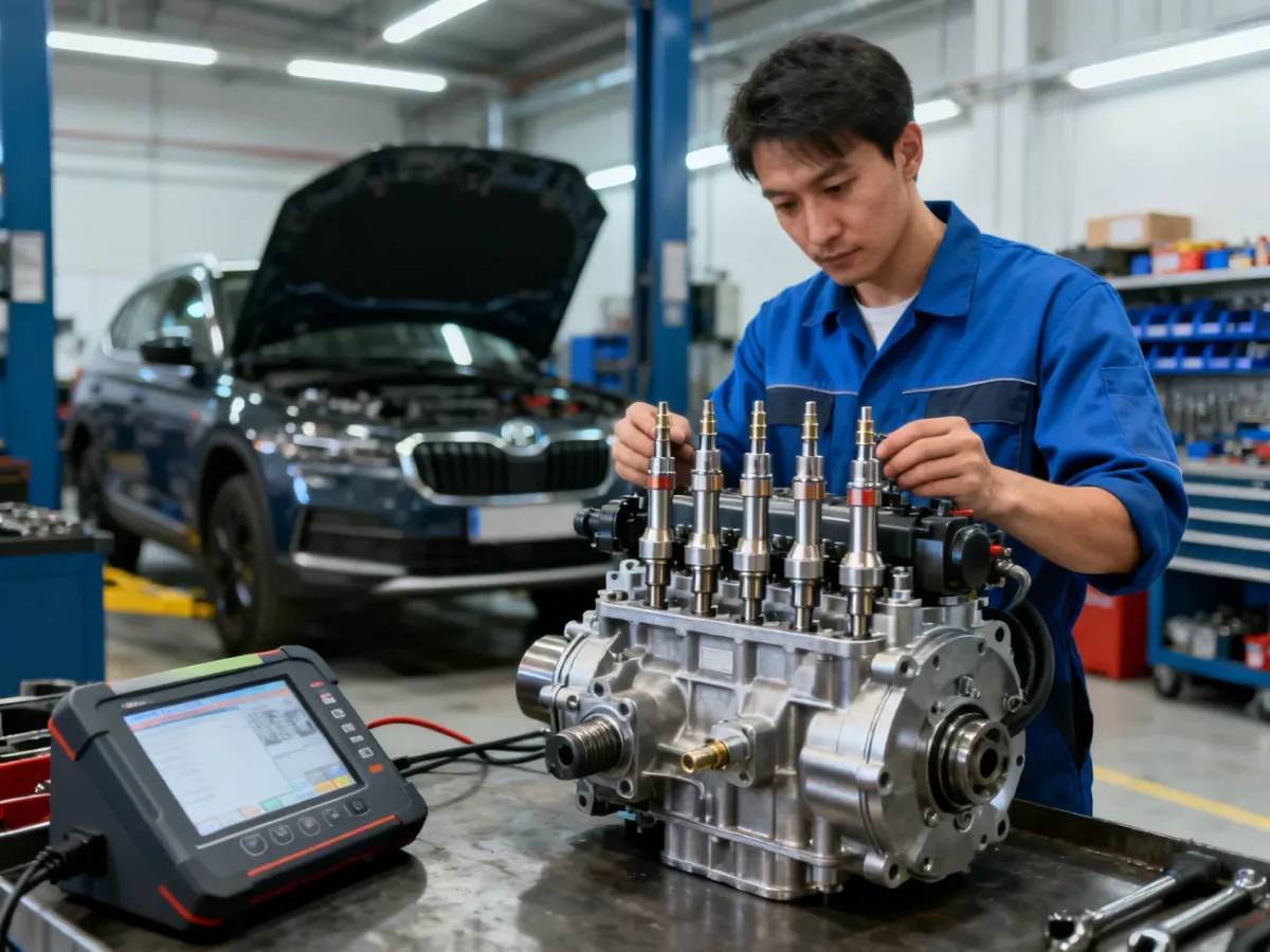 Mechanik diagnozujący układ wtryskowy nowoczesnego silnika Diesla