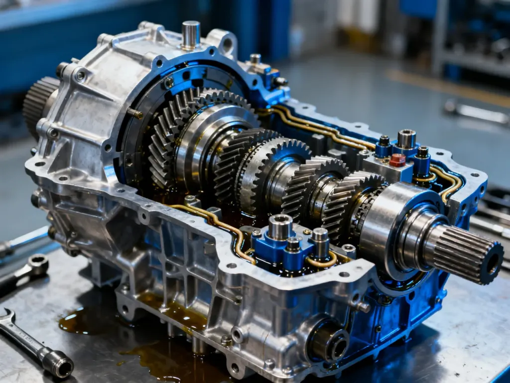 Wnętrze automatycznej skrzyni biegów ZF z widocznymi precyzyjnymi przekładniami i układem hydraulicznym.
