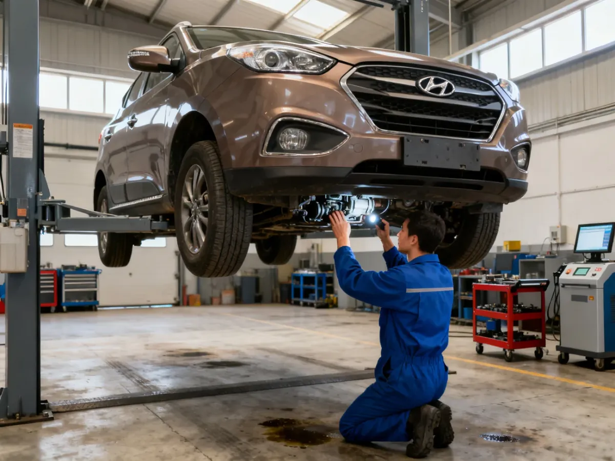 Używany Hyundai ix35 sprawdzany na podnośniku przed zakupem
