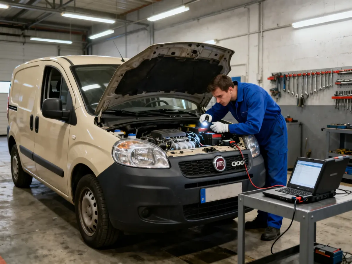 Używany Fiat Qubo podczas szczegółowej kontroli w warsztacie samochodowym