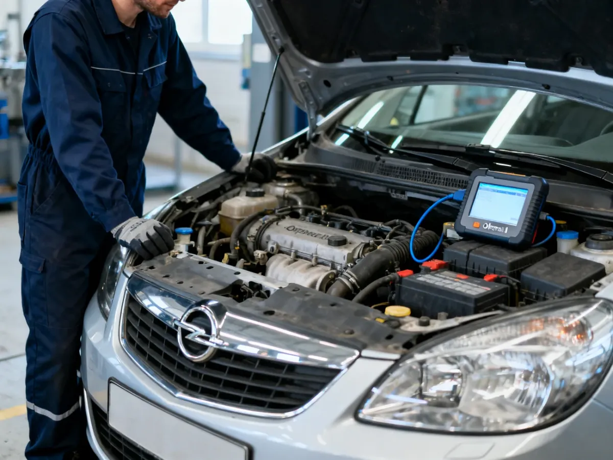 Mechanik diagnozujący używanego Opla Merivę II w warsztacie