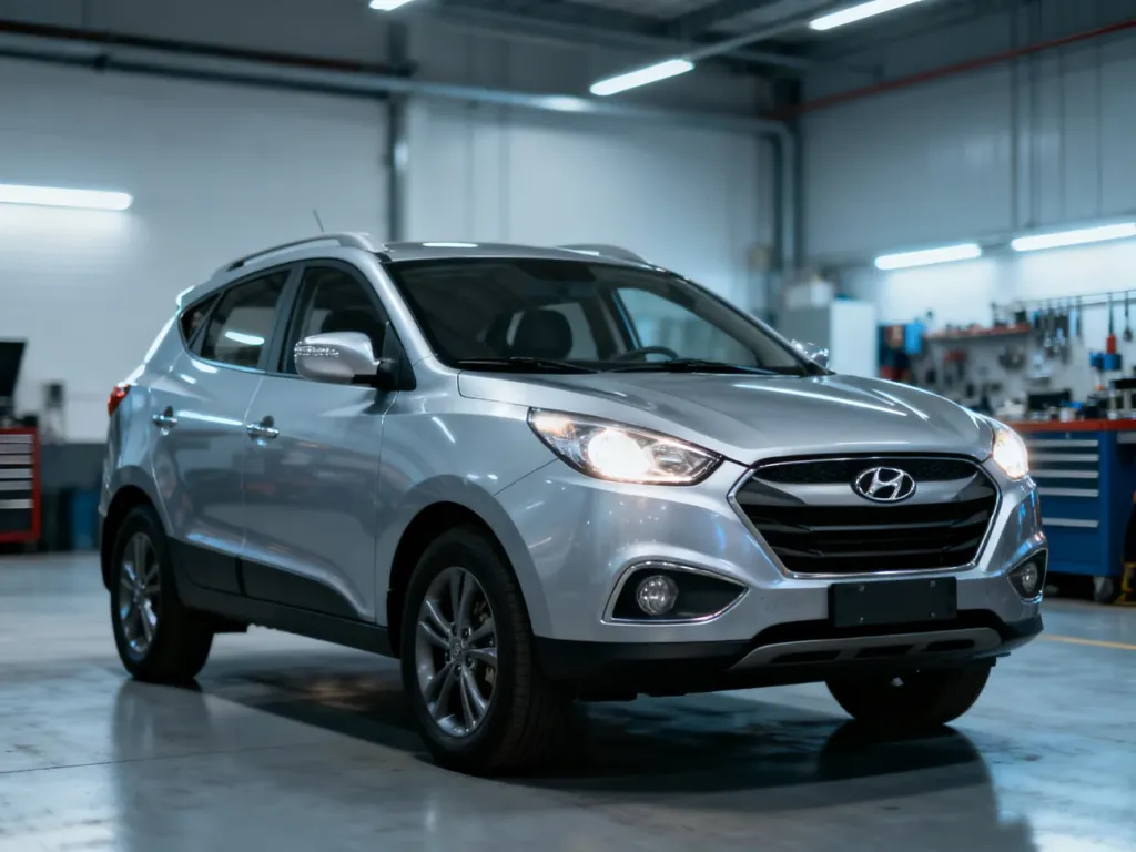 Srebrny Hyundai ix35 zaparkowany w nowoczesnym warsztacie samochodowym.