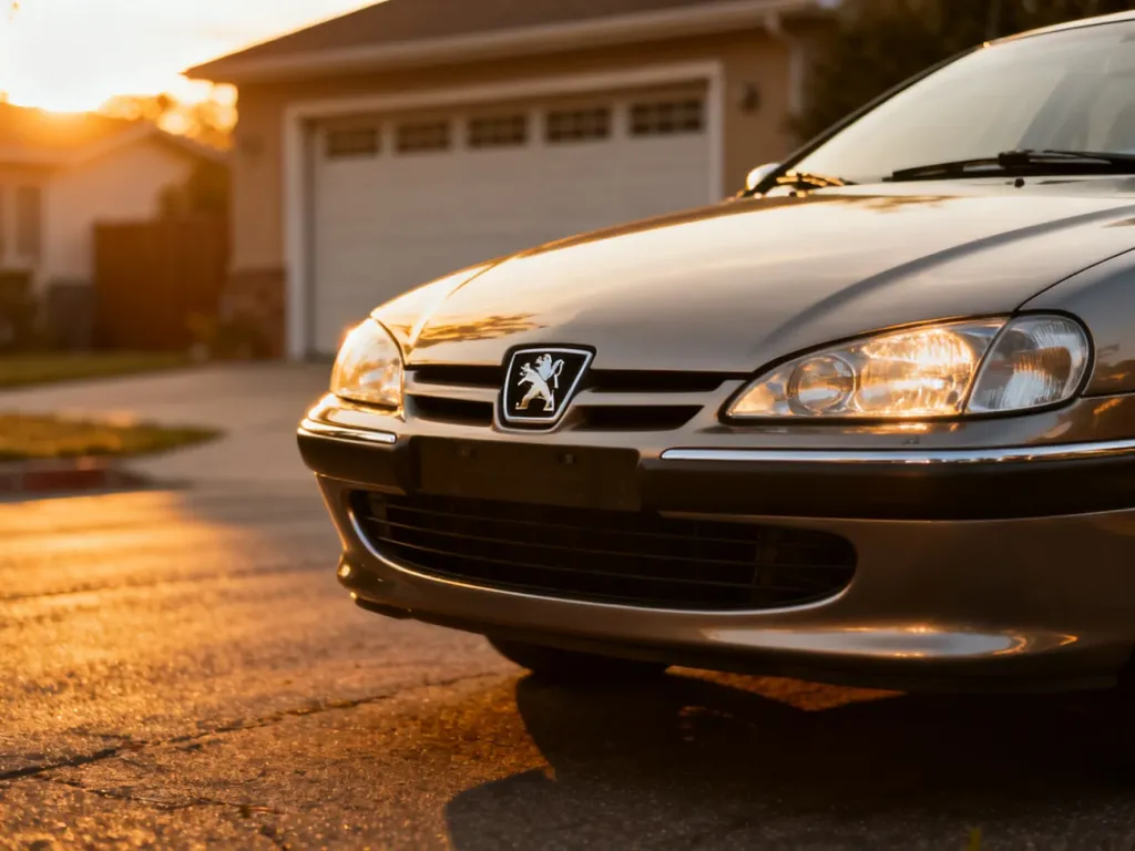 Klasyczny sedan Peugeot 406 zaparkowany na ulicy w blasku zachodzącego słońca, eksponujący charakterystyczny przód pojazdu.