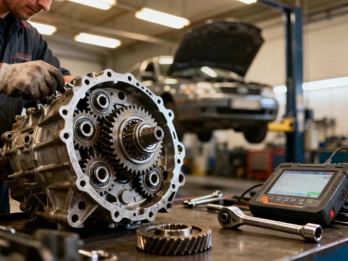 Mechanik diagnozujący skrzynię biegów w warsztacie samochodowym