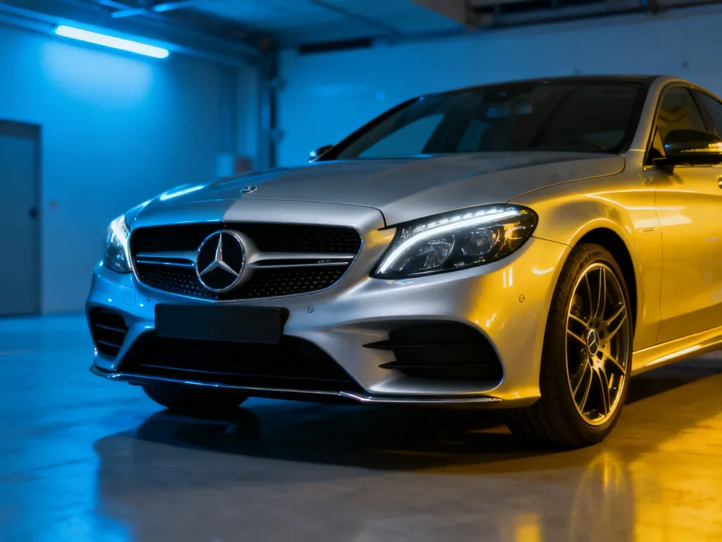 Srebrny Mercedes W205 w nowoczesnym garażu, eksponujący przedni grill i charakterystyczne reflektory modelu.