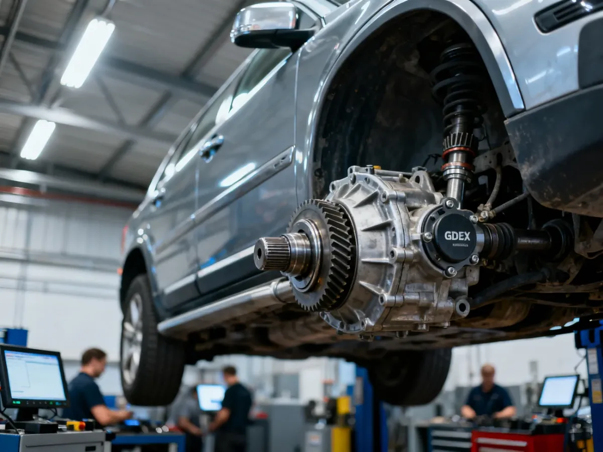 Podzespoły napędu AWD Volvo XC90 oglądane od spodu na stanowisku warsztatowym