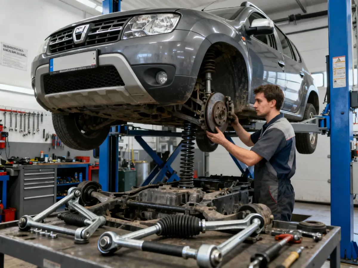 Mechanik sprawdza zawieszenie używanej Dacii Duster na podnośniku