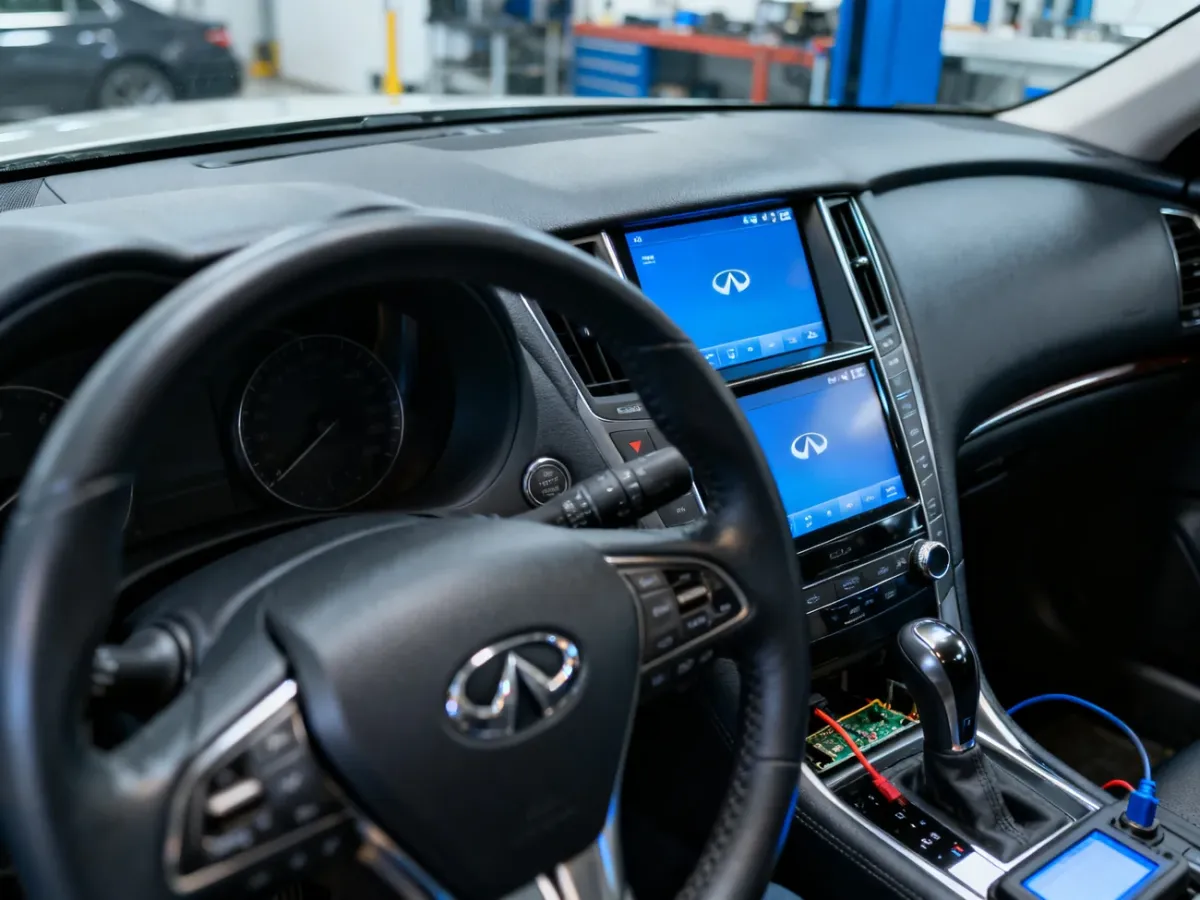 Wnętrze Infiniti Q50 z ekranami multimedialnymi podczas kontroli elektroniki