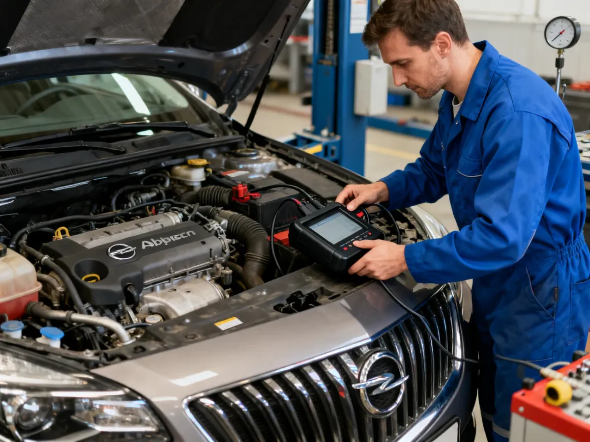 Mechanik diagnozujący Opla Insignię za pomocą testera w warsztacie