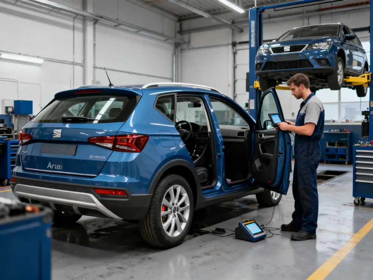 Mechanik diagnozujący używanego Seata Aronę w warsztacie