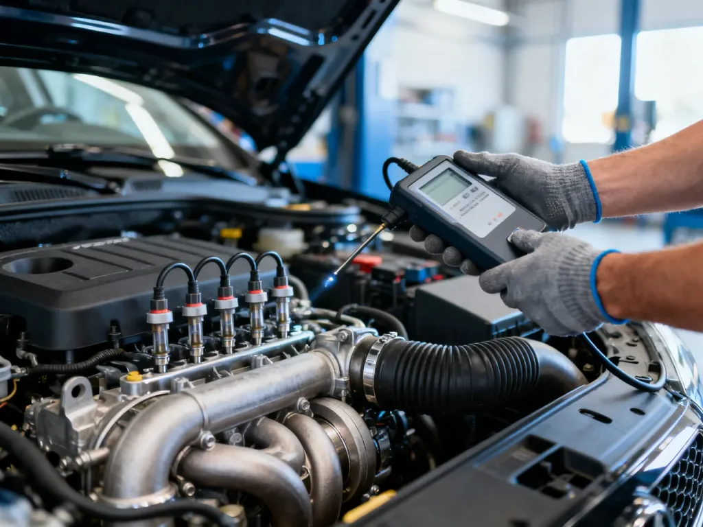 Mechanik wykonuje diagnostykę silnika diesla, sprawdzając wtryskiwacze oraz turbosprężarkę w profesjonalnym warsztacie.