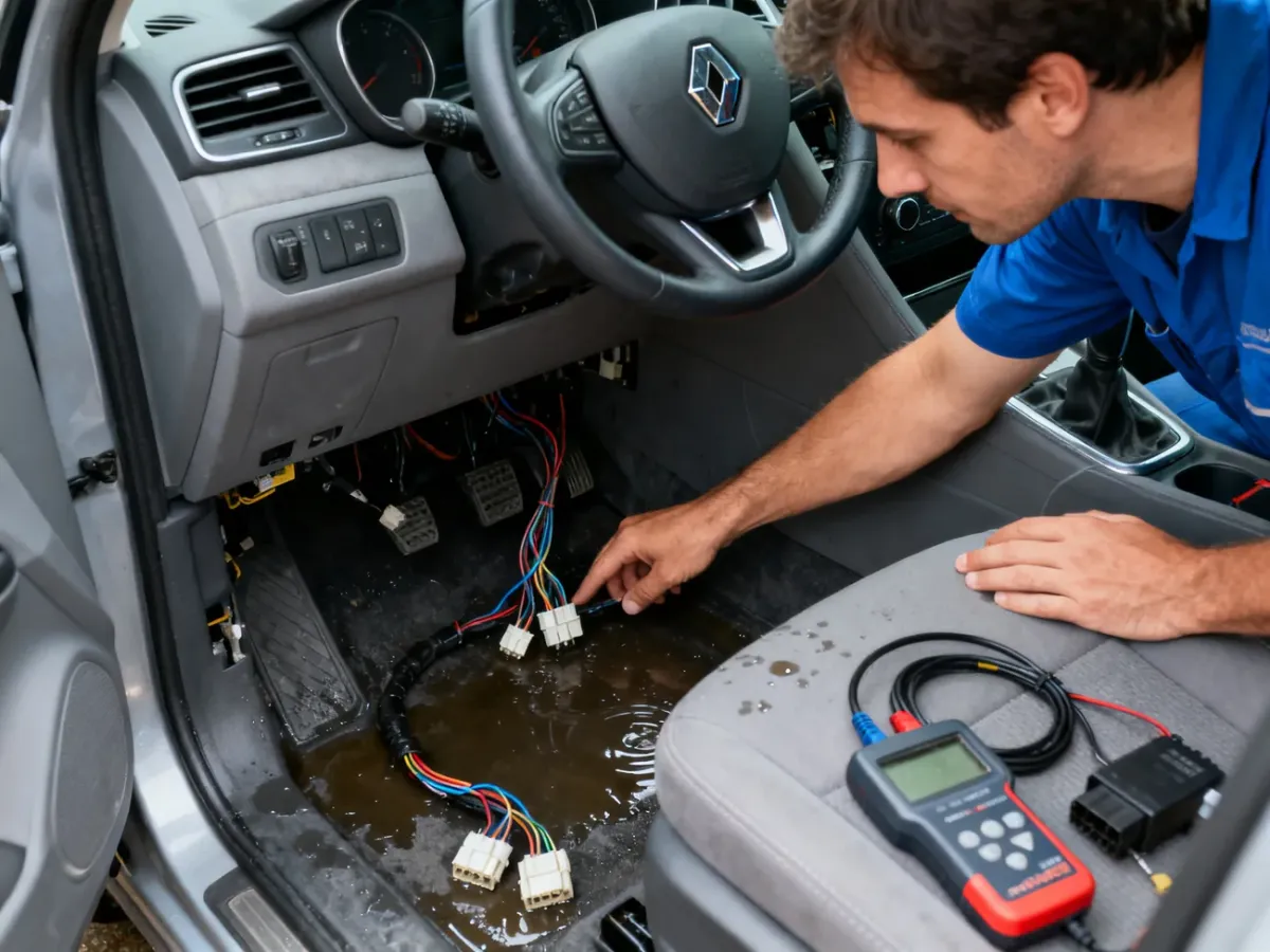 Mechanik sprawdza wilgoć i wiązkę elektryczną pod fotelem kierowcy Renault Scenic