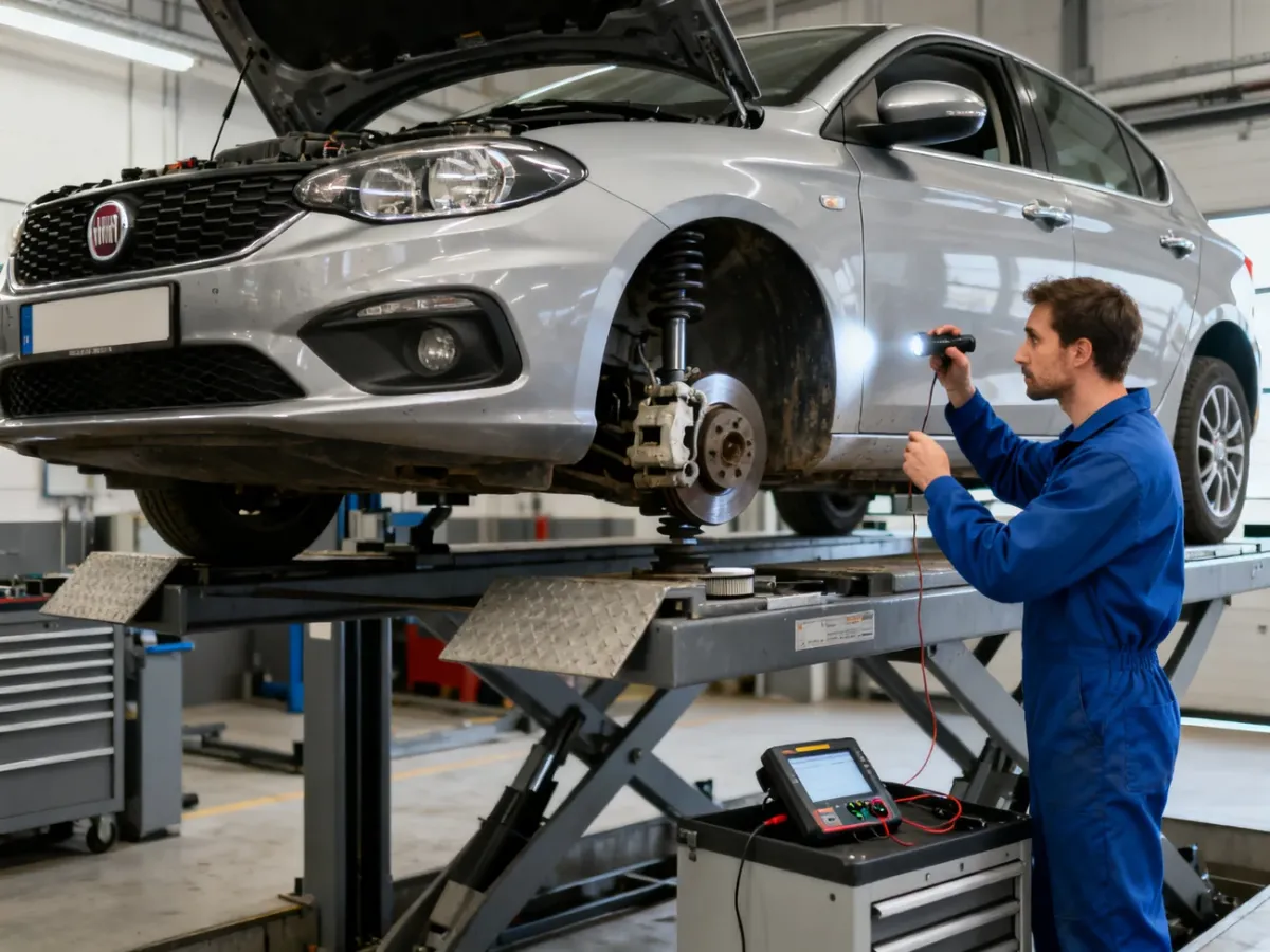 Używany Fiat Tipo podczas kontroli zawieszenia i podzespołów w warsztacie