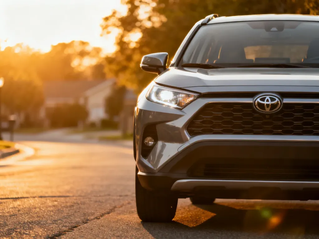 Nowoczesna Toyota RAV4 zaparkowana na asfalcie podczas zachodu słońca, prezentująca detale przedniego pasa pojazdu.